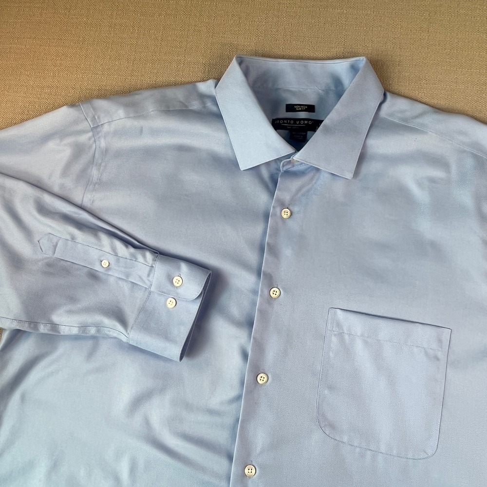 Pronto Uomo Dress Shirt Mens 18 34/35 Blue Non-Iron Slim Fit Textured Cotton
